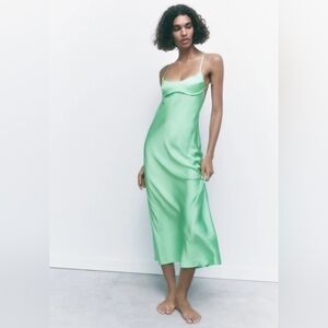 ZARA MIDI STRAPPY SATIN DRESS MINT GREEN